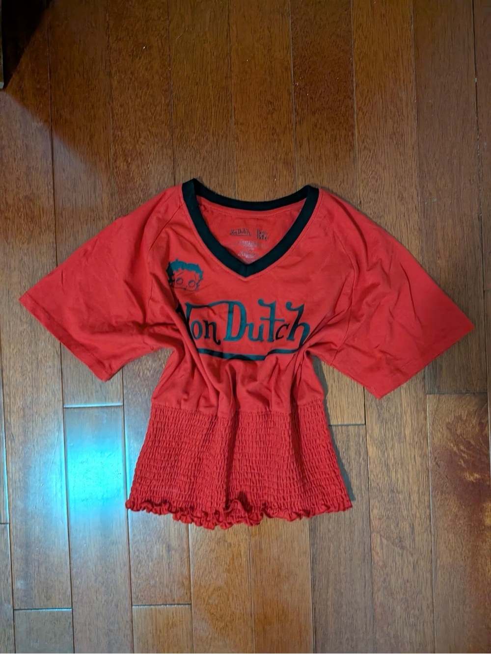 Von Dutch x Betty Boop Red V-Neck Smocked Waist Tee with Black Trim